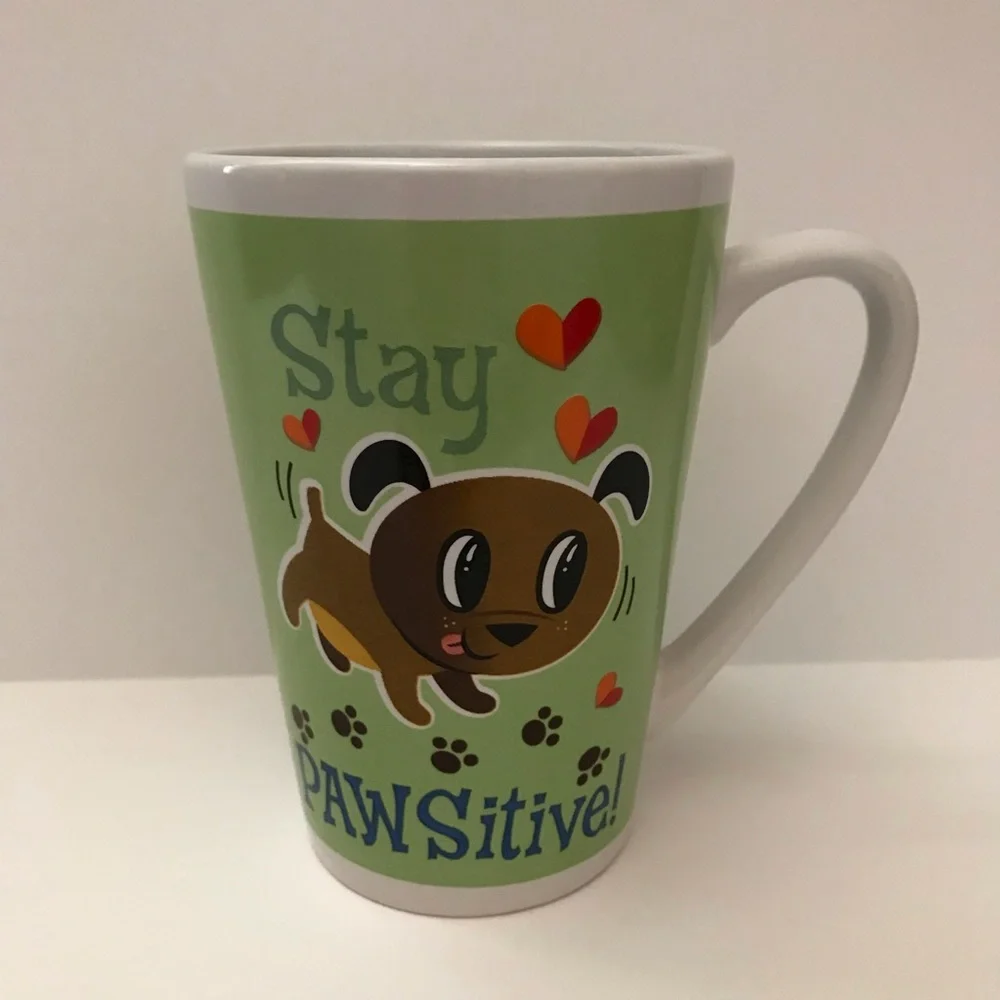 Dog Lovers Tall Coffee Tea Mug Stay Pawsitive 16oz Double Sided Graphics Office
